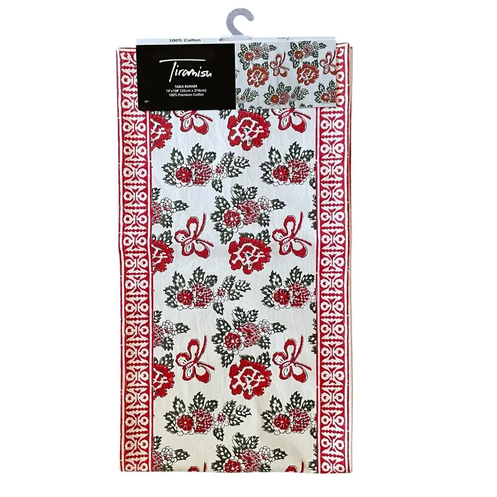 Tiramisu Block Print Cotton Table Runner 14x108 Pink & Red Floral Butterfly NEW